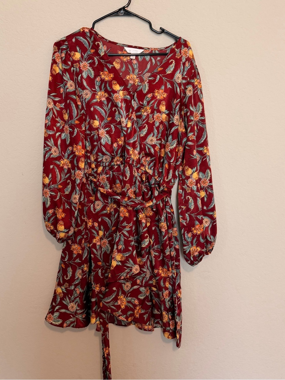 Lauren Conrad Floral Long Sleeve Waist-Tie Dress in Burgundy